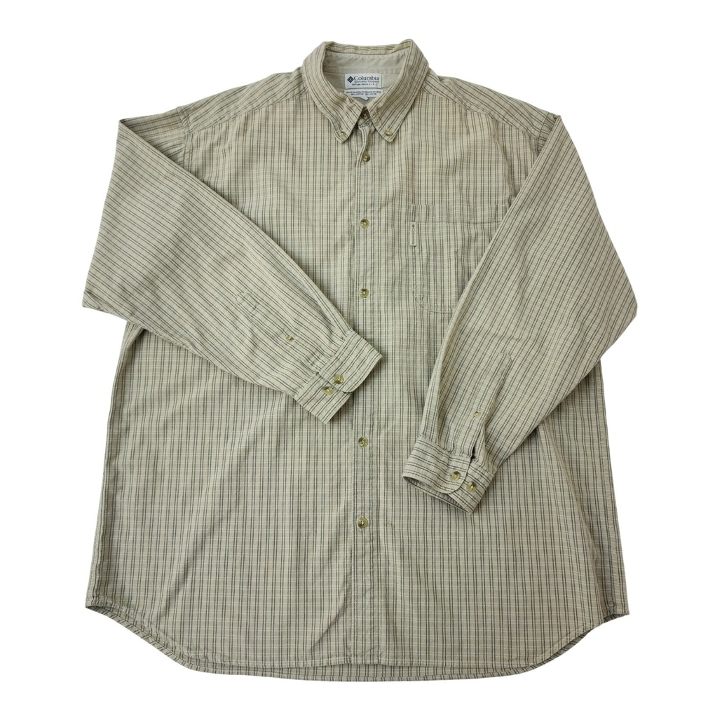 Columbia Mens 2XL Pinstripe Button Down Shirt Tan Green Long Sleeve Cotton